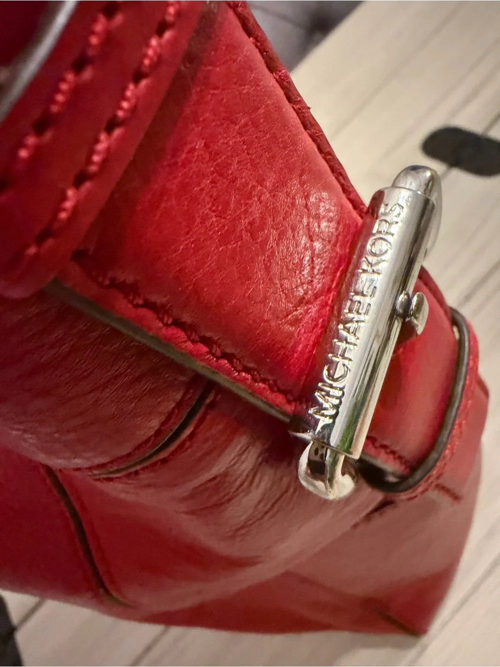 Michael Kors Red Genuine Leather Hobo Shoulder Bag MK Charm Silver Hardware